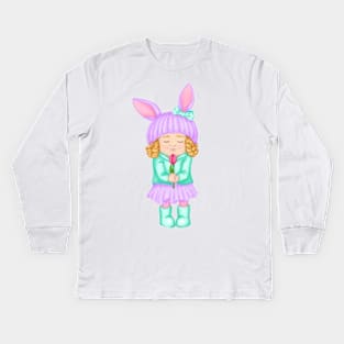 Baby girl in bunny hat and spring clothes with flower. Spring print Kids Long Sleeve T-Shirt